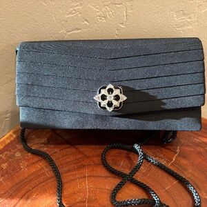 Black Evening Bag, Pleated Satin Front with Accent Piece